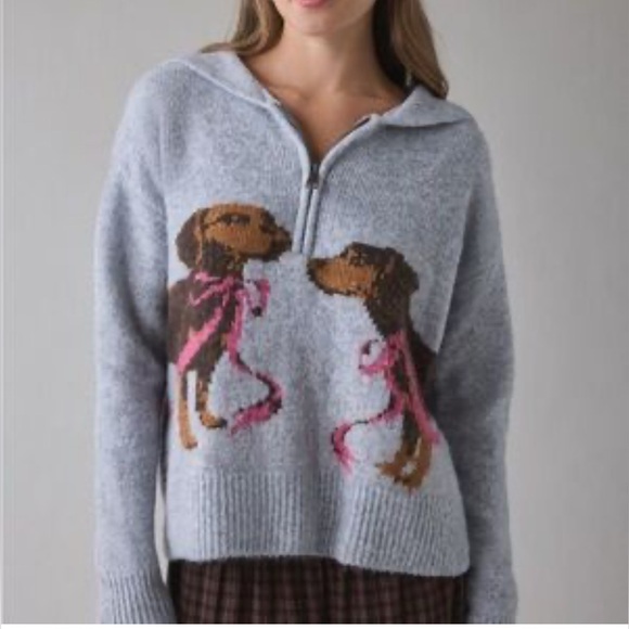 Urban Outfitters Sweaters - Urban Outfitters Quarter Zip Grey Dogs Print Sweater size M